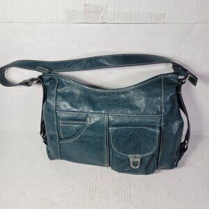 Rosetti Teal Faux Leather Shoulder Bag With Front Pockets & Adjustable Strap